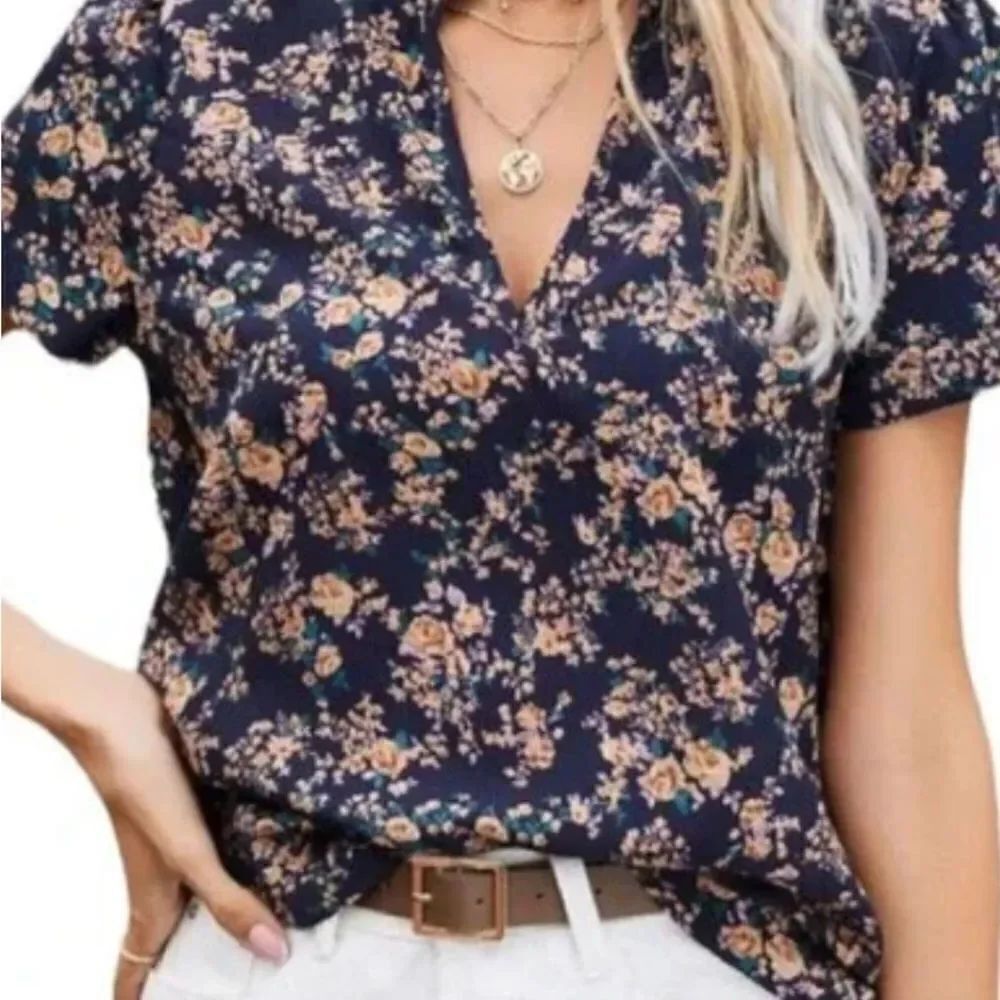 Shein Curve Allover Floral Notch Neck Blouse Size XXL 2XL Navy Blue Multi Ruffle